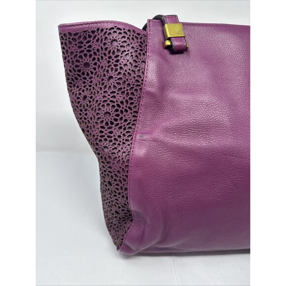 ELLIOTT LUCCA Purple Plum Lazer Pattern Cut Leather Carryall Tote Large - Picture 7 of 13